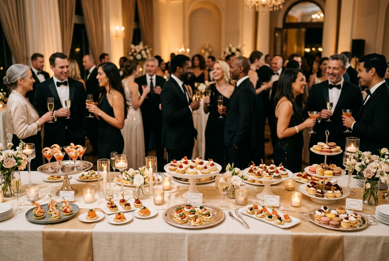 Réception élégante : buffet raffiné, tables dressées et convives