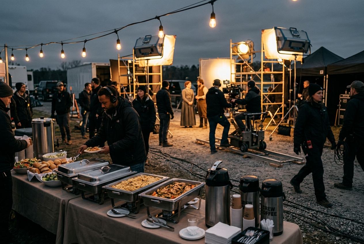 Catering de tournage : buffet pour l'équipe technique sur un plateau de cinéma
