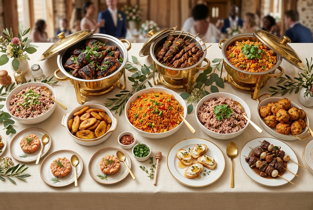 Buffet de mariage mêlant cuisine africaine, créole et française