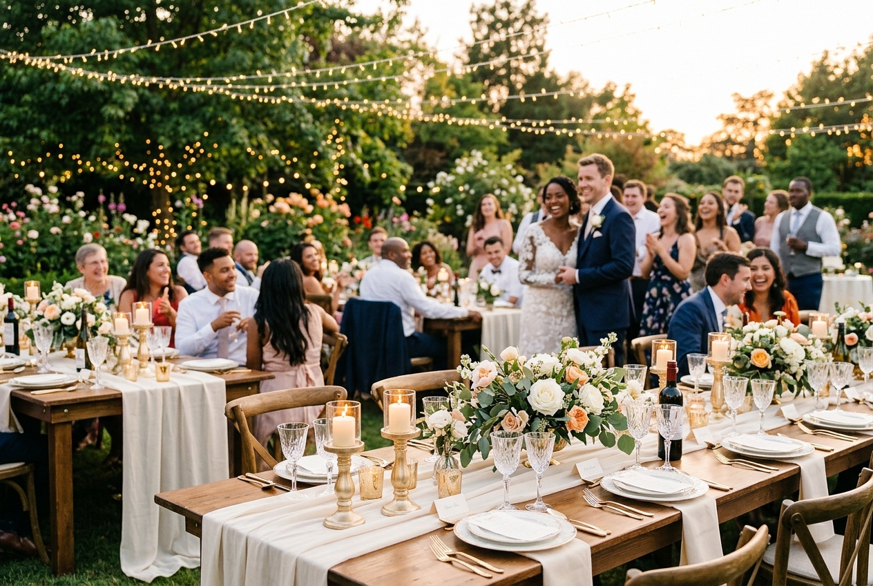 Table de réception de mariage dressée au coucher du soleil